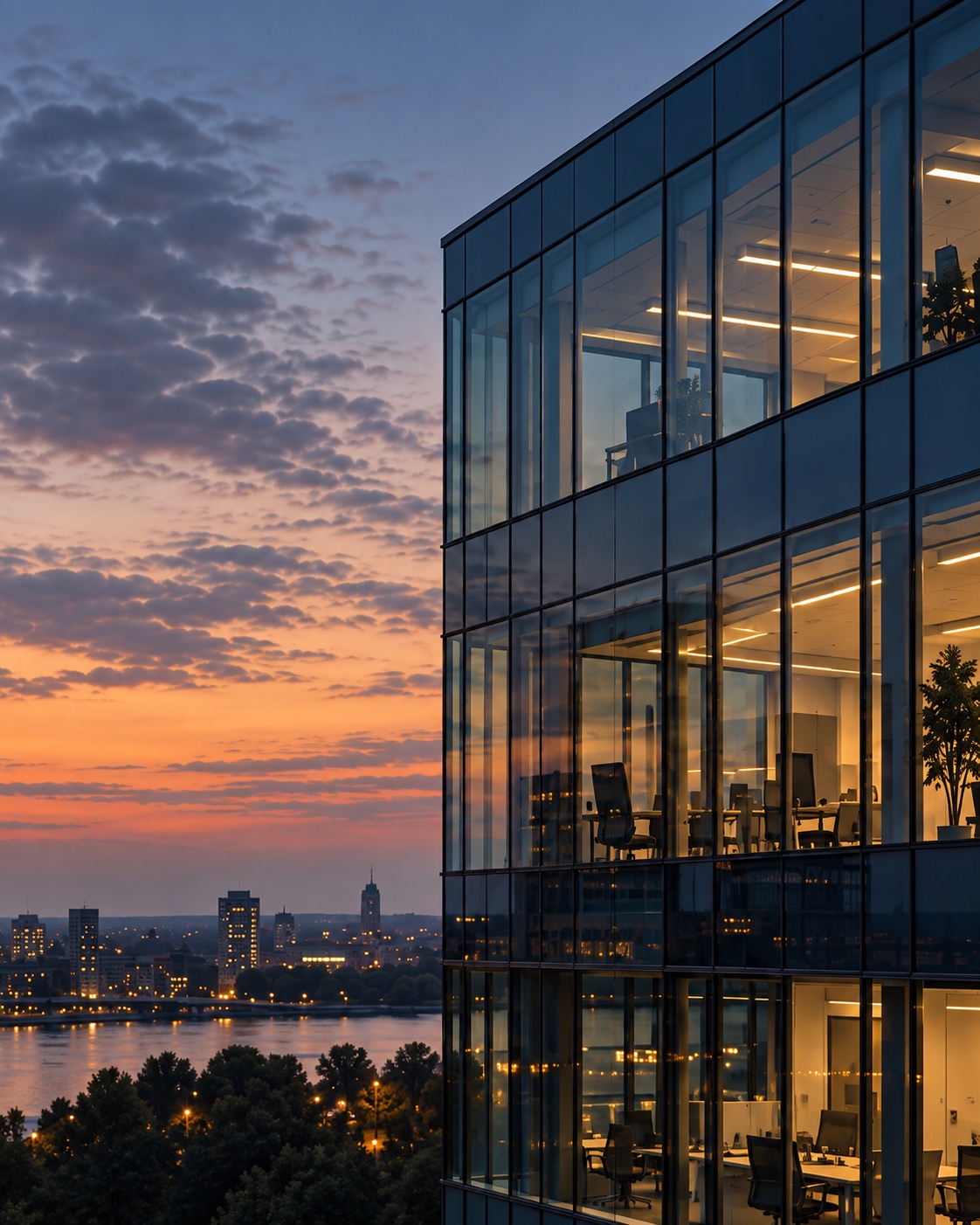 Illuminated glass architecture beside a river at dusk